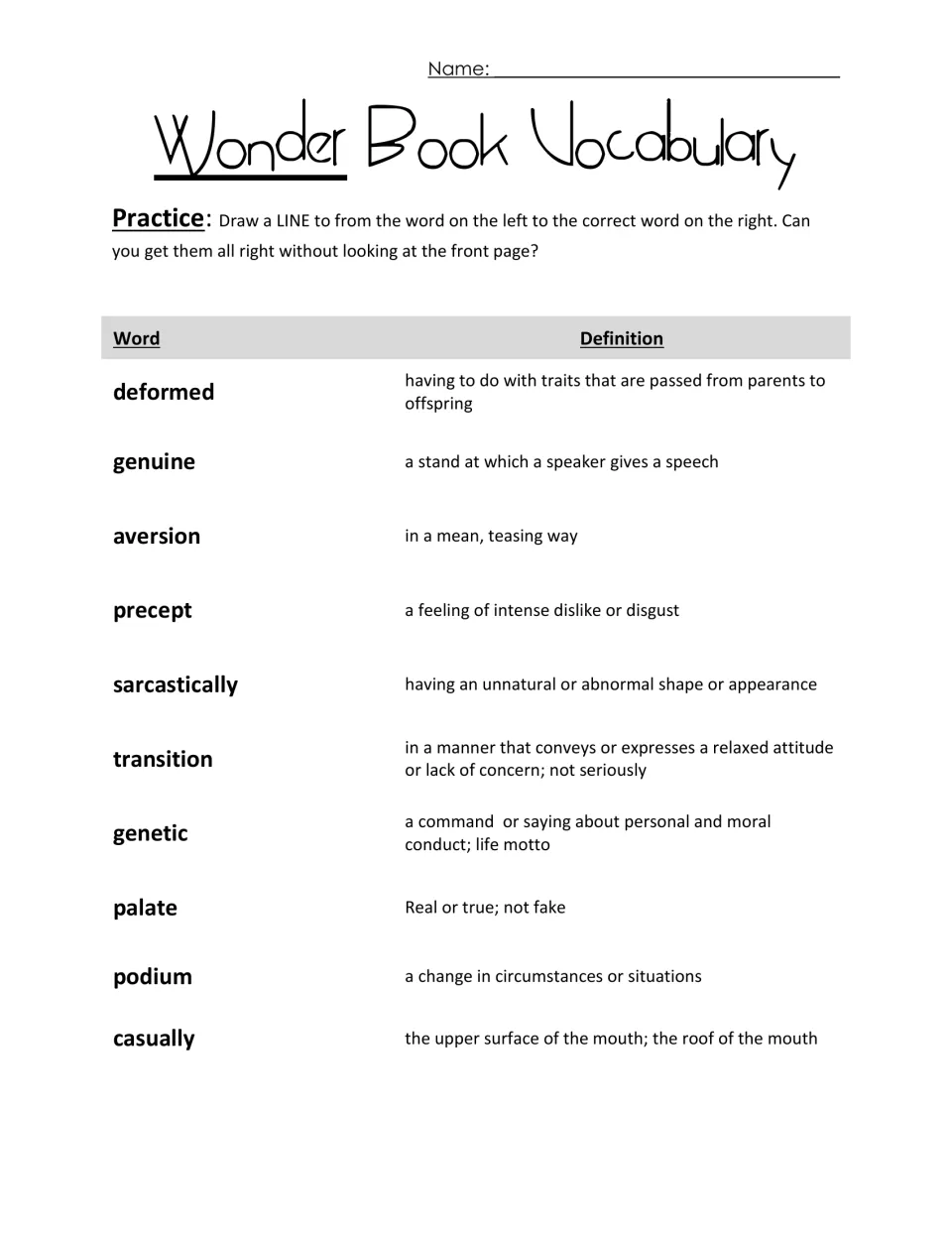 Wonder vocabulary matching: students draw a line from each of 10 words, like genuine and podium, to its definition