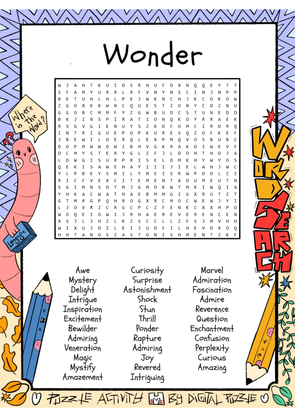 Wonder vocabulary word search: students find words like awe, curiosity, marvel and astonishment hidden in a letter grid