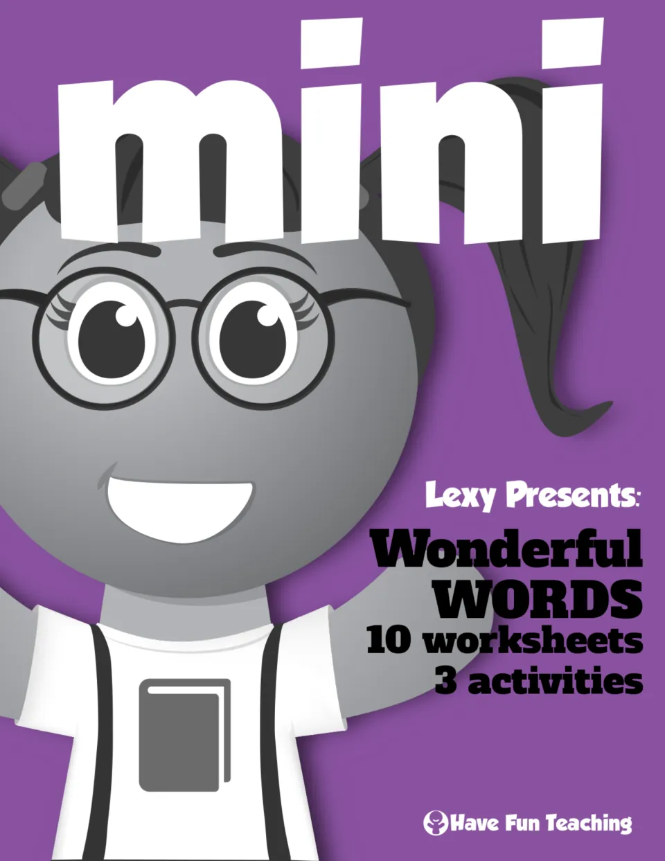 Vocabulary mini pack cover featuring Lexy and announcing Wonderful Words, 10 worksheets, and 3 activities