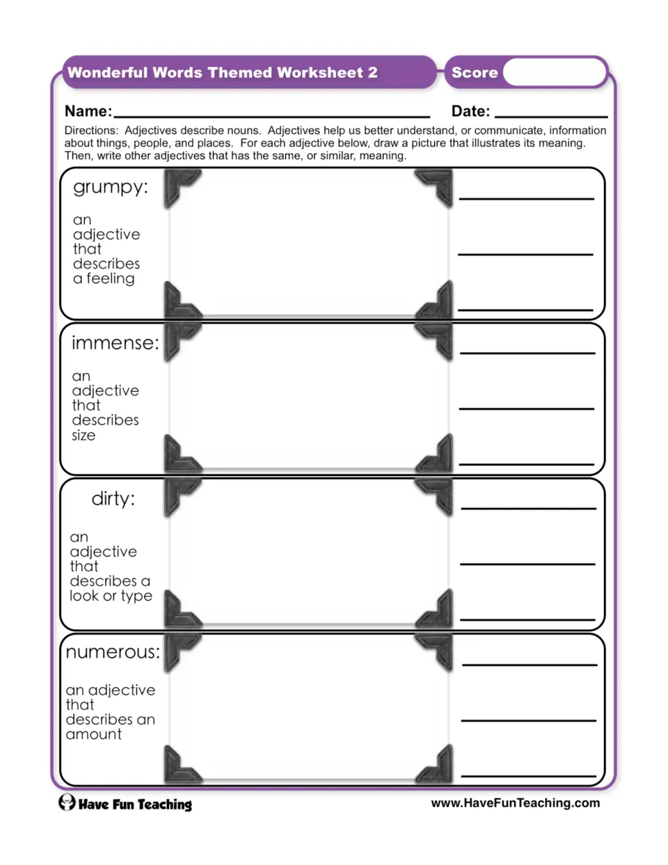 Vocabulary worksheet 2: illustrate grumpy, immense, dirty, and numerous, then write similar adjectives