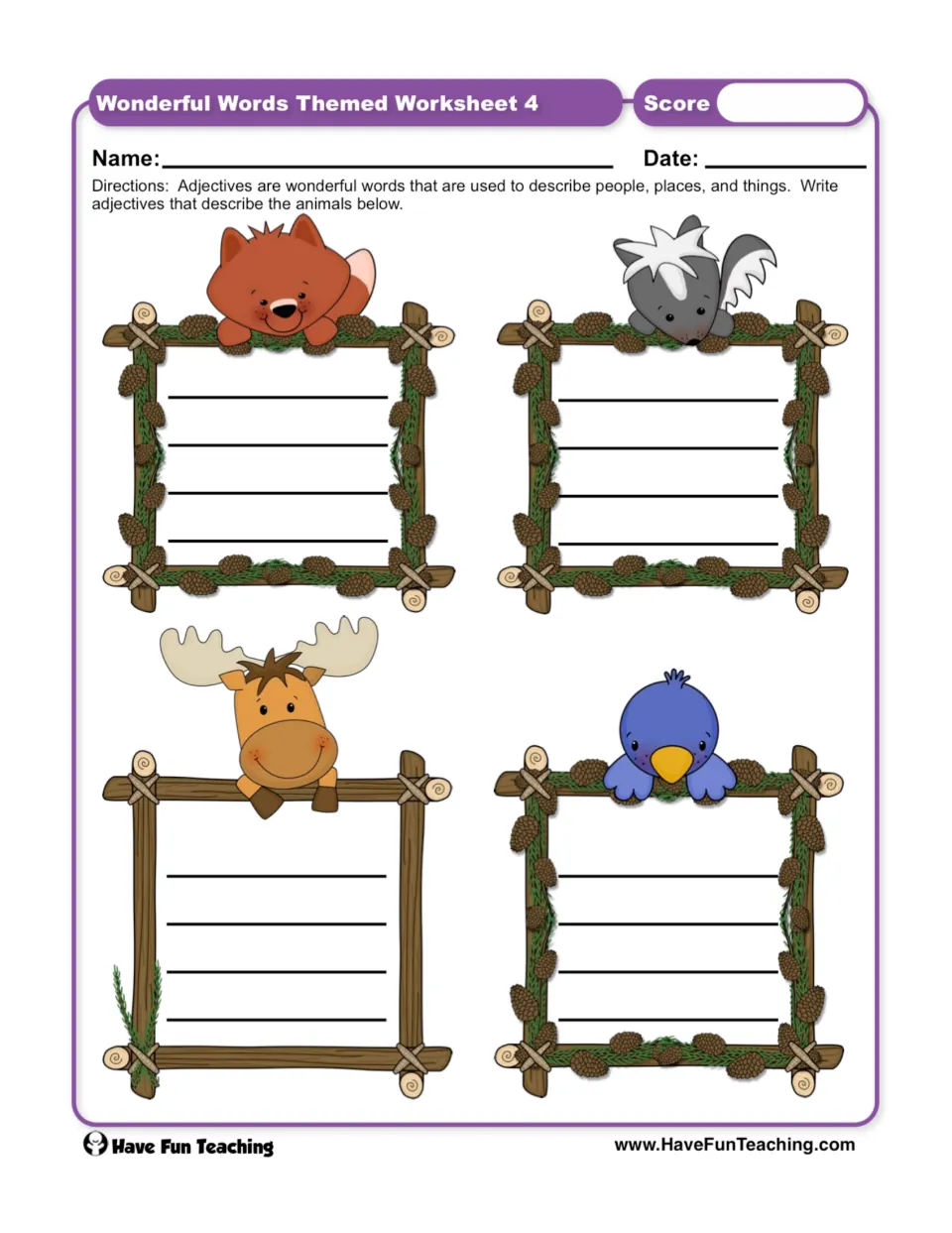 Vocabulary worksheet 4: write adjectives describing the pictured fox, skunk, moose, and blue bird