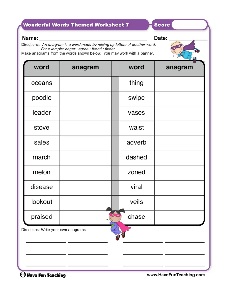 Vocabulary worksheet 7: make anagrams from 20 words, including oceans and poodle, then write your own