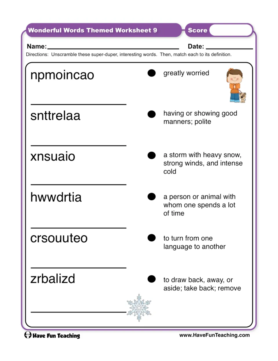 Vocabulary worksheet 9: unscramble six words and match definitions, including greatly worried and polite