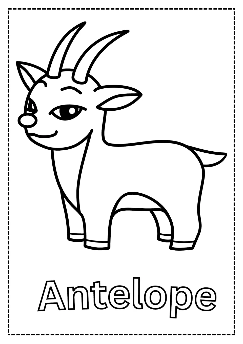 Antelope coloring page: students color a smiling cartoon antelope with long curved horns and the outlined word Antelope