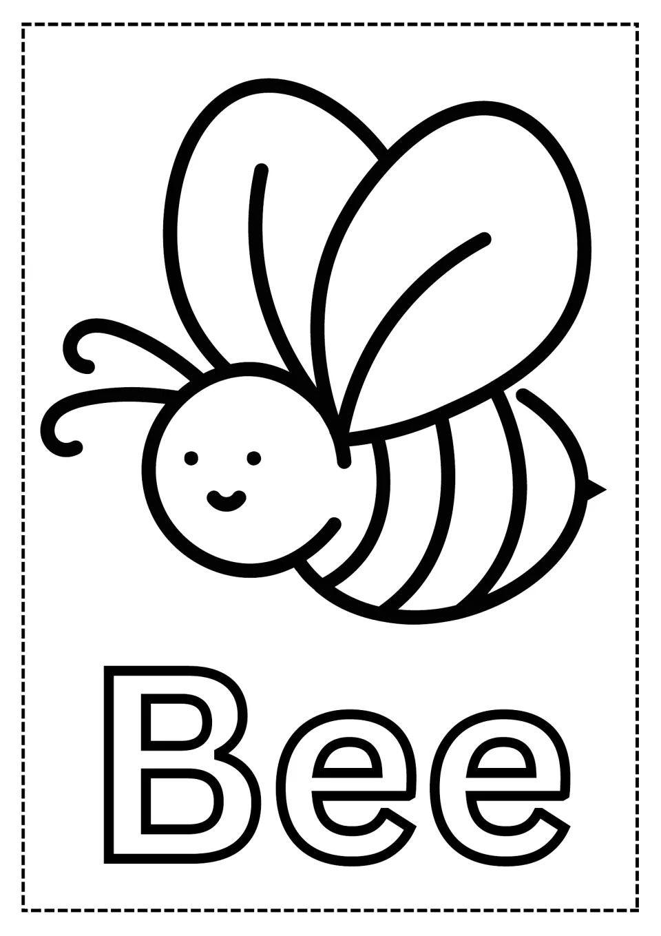 Bee coloring page: students color a cartoon bee with two large wings and a striped body above the outlined word Bee