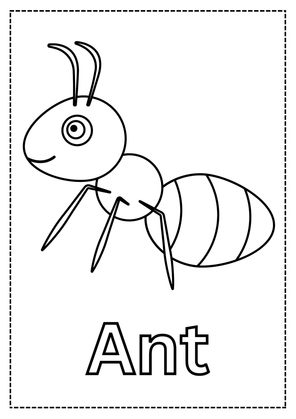 Ant coloring page: students color a cartoon ant with curled antennae, thin legs and a segmented body, and the word Ant