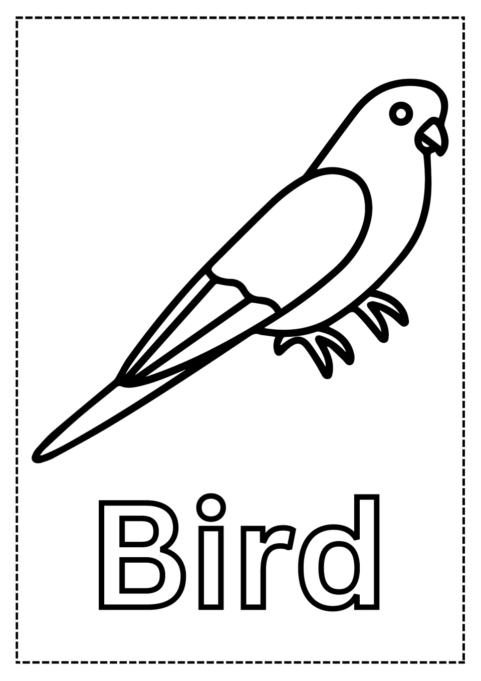Bird coloring page: students color a perched parrot-like bird with a long tail and curved beak and the word Bird