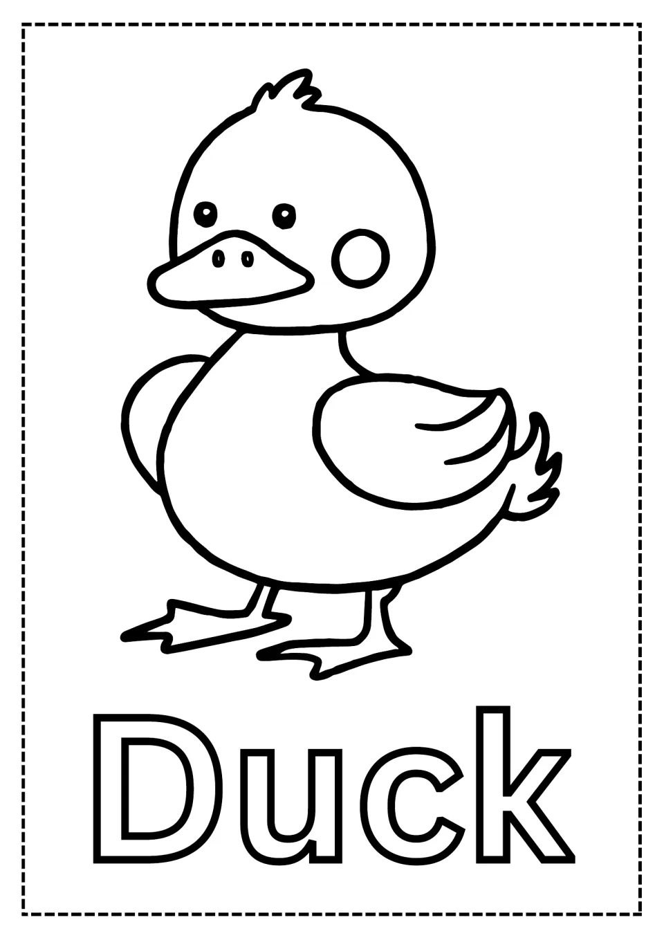 Duck coloring page: students color a cartoon duckling with a wide bill, round cheek and webbed feet above the word Duck