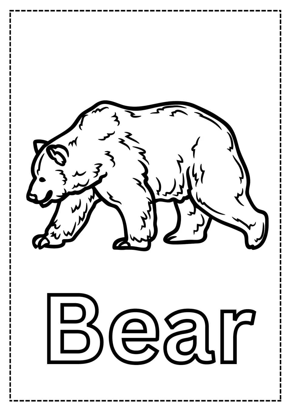 Bear coloring page: students color a detailed walking bear with shaggy fur lines and trace the big outlined word Bear
