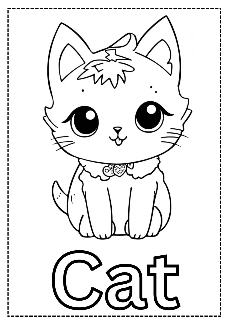 Cat coloring page: students color a big-eyed kitten sitting with a collar and heart tag, plus the outlined word Cat