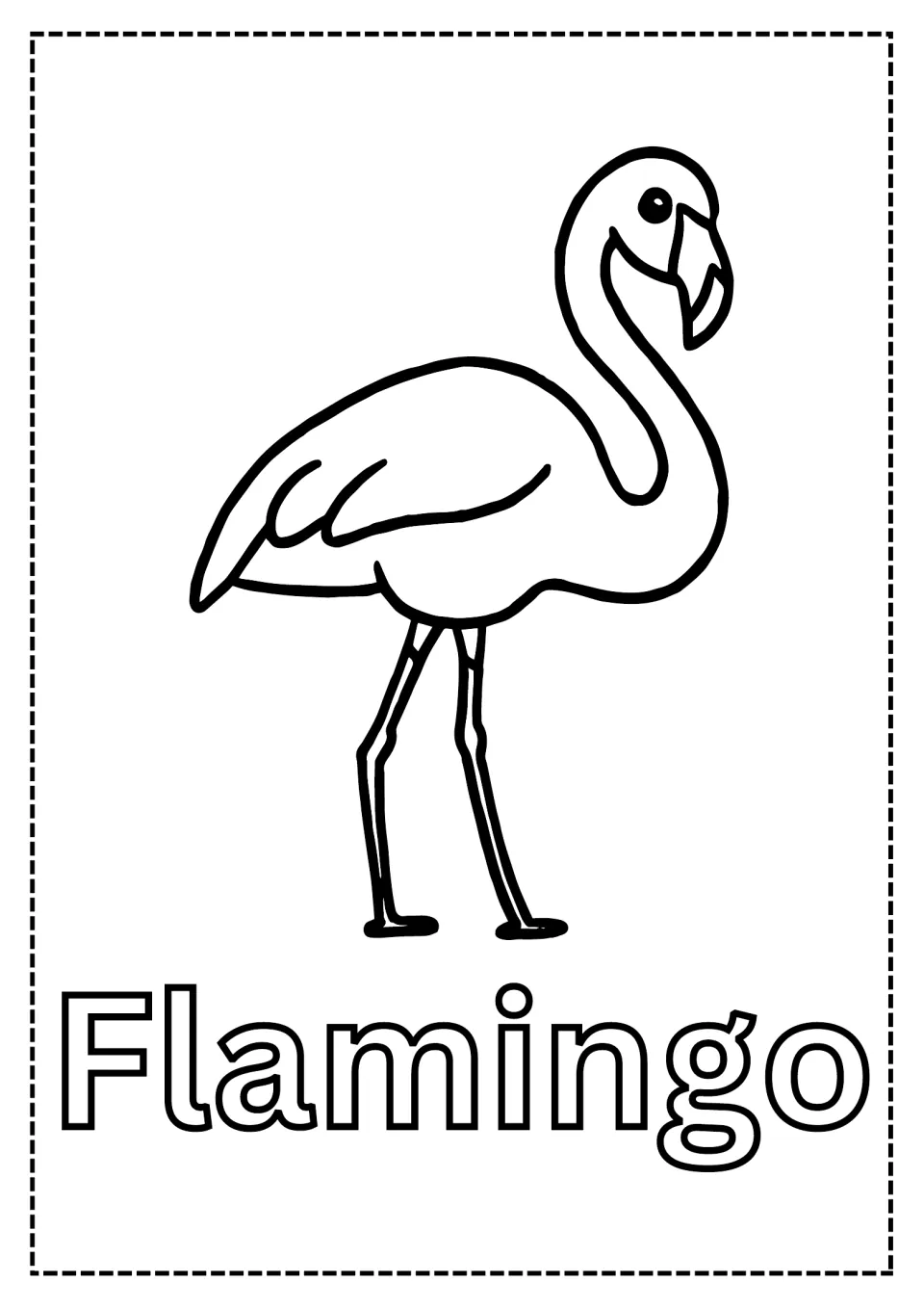 Flamingo coloring page: students color a flamingo standing on thin legs with a curved neck and bent beak above its name