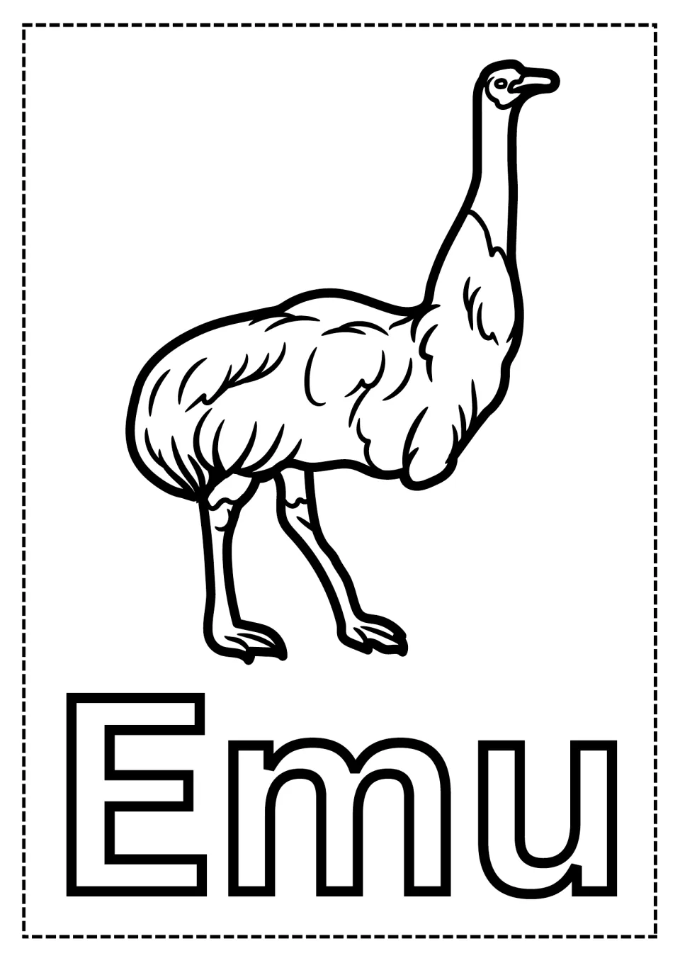 Emu coloring page: students color a tall feathered emu with a long neck and strong legs and the outlined letters of Emu