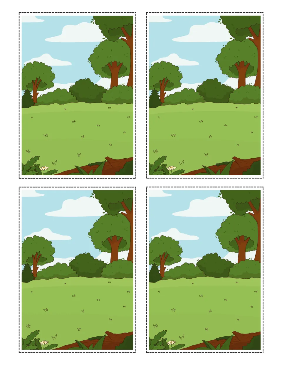 Four matching forest-scene cards showing trees and grass for the woodland animal flashlight reveal activity