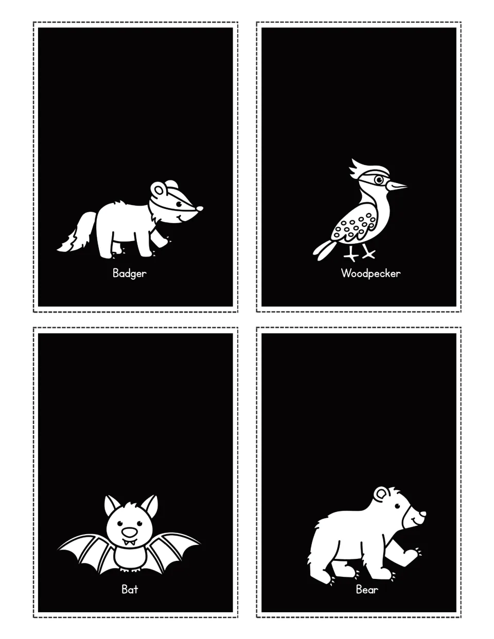 Woodland animal flashlight cards labeled Badger, Woodpecker, Bat, and Bear, with white animal pictures