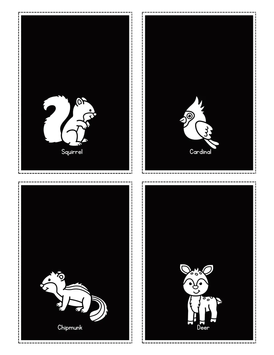 Woodland animal flashlight cards labeled Squirrel, Cardinal, Chipmunk, and Deer, with white animal pictures