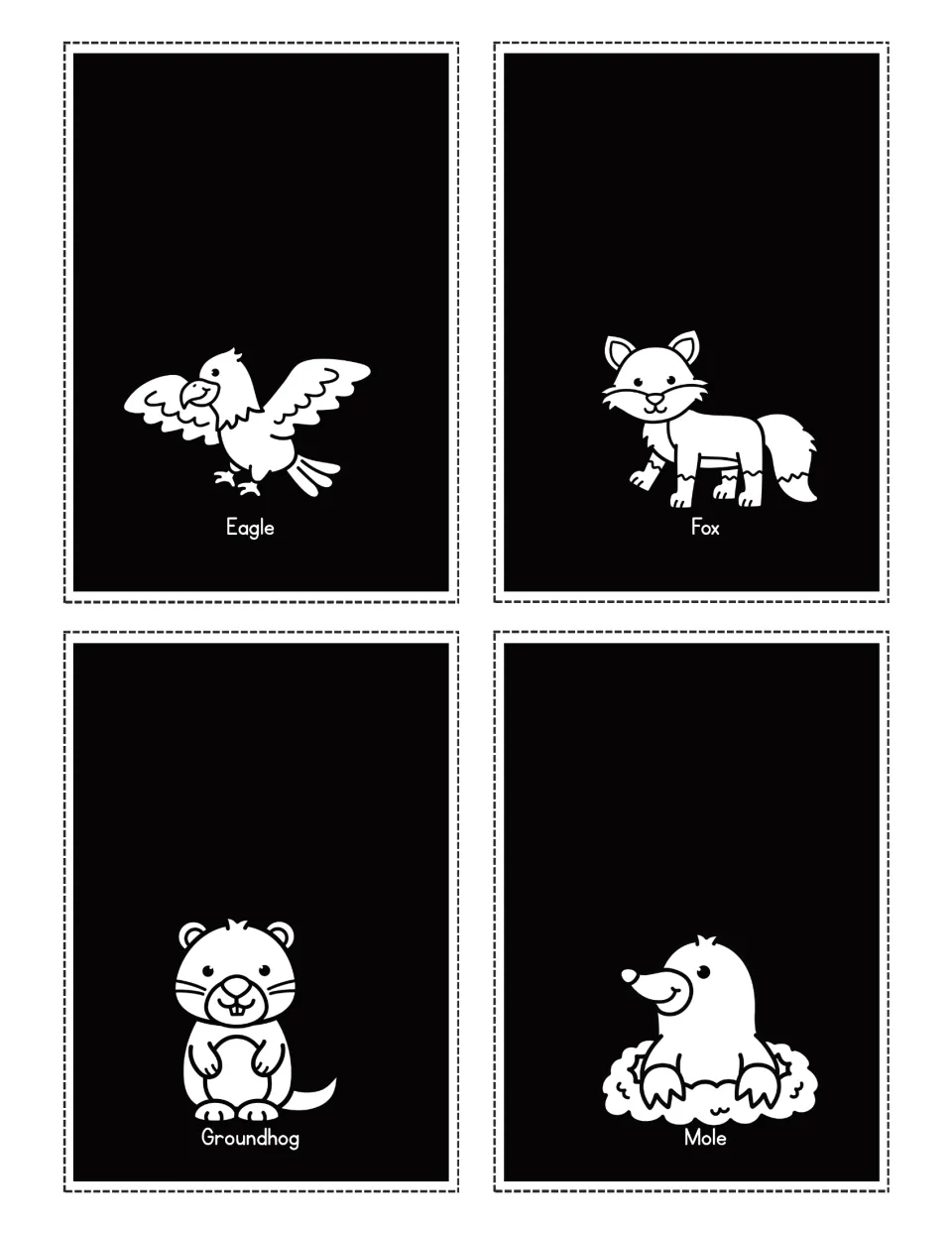 Woodland animal flashlight cards labeled Eagle, Fox, Groundhog, and Mole, with white animal pictures