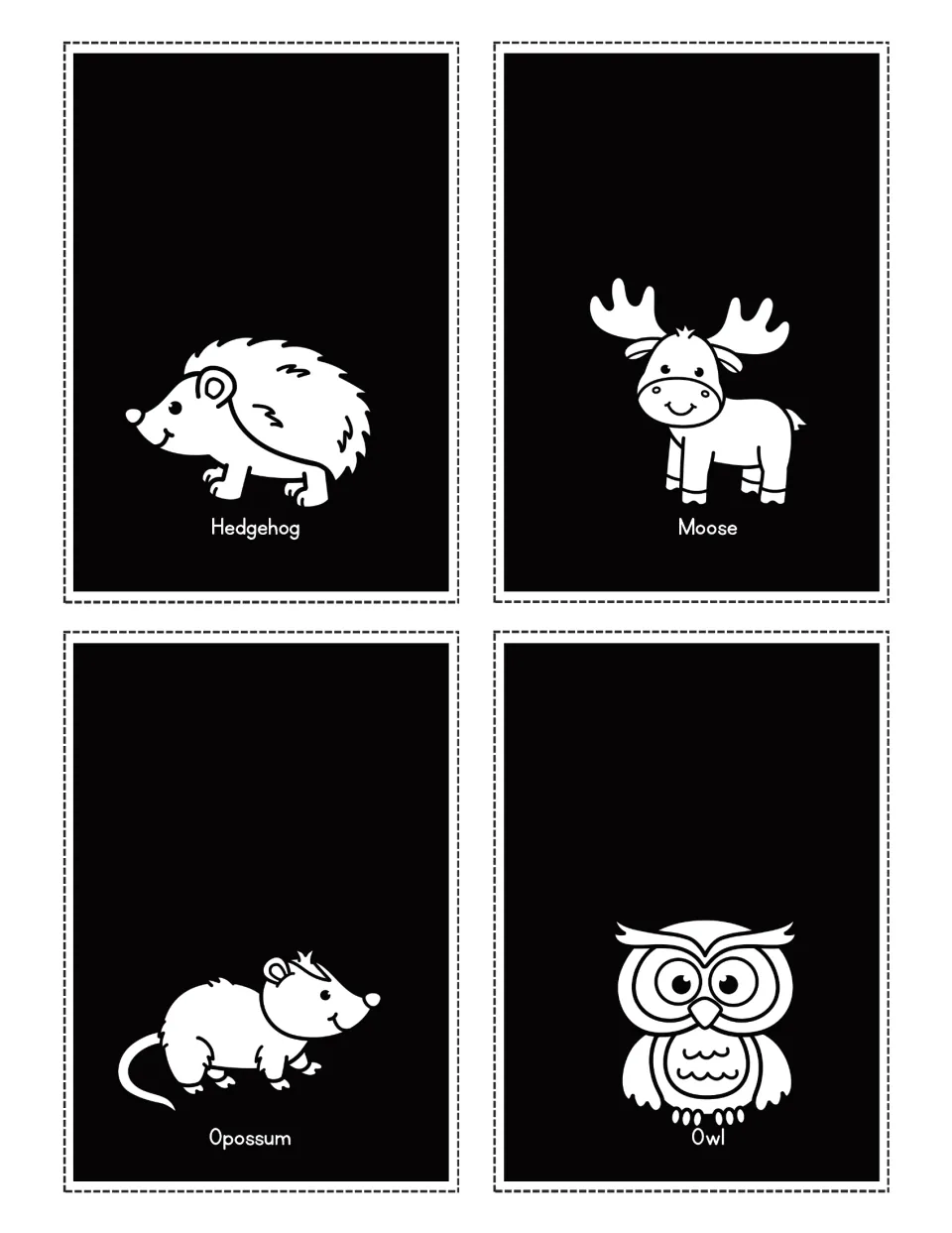 Woodland animal flashlight cards labeled Hedgehog, Moose, Opossum, and Owl, with white animal pictures