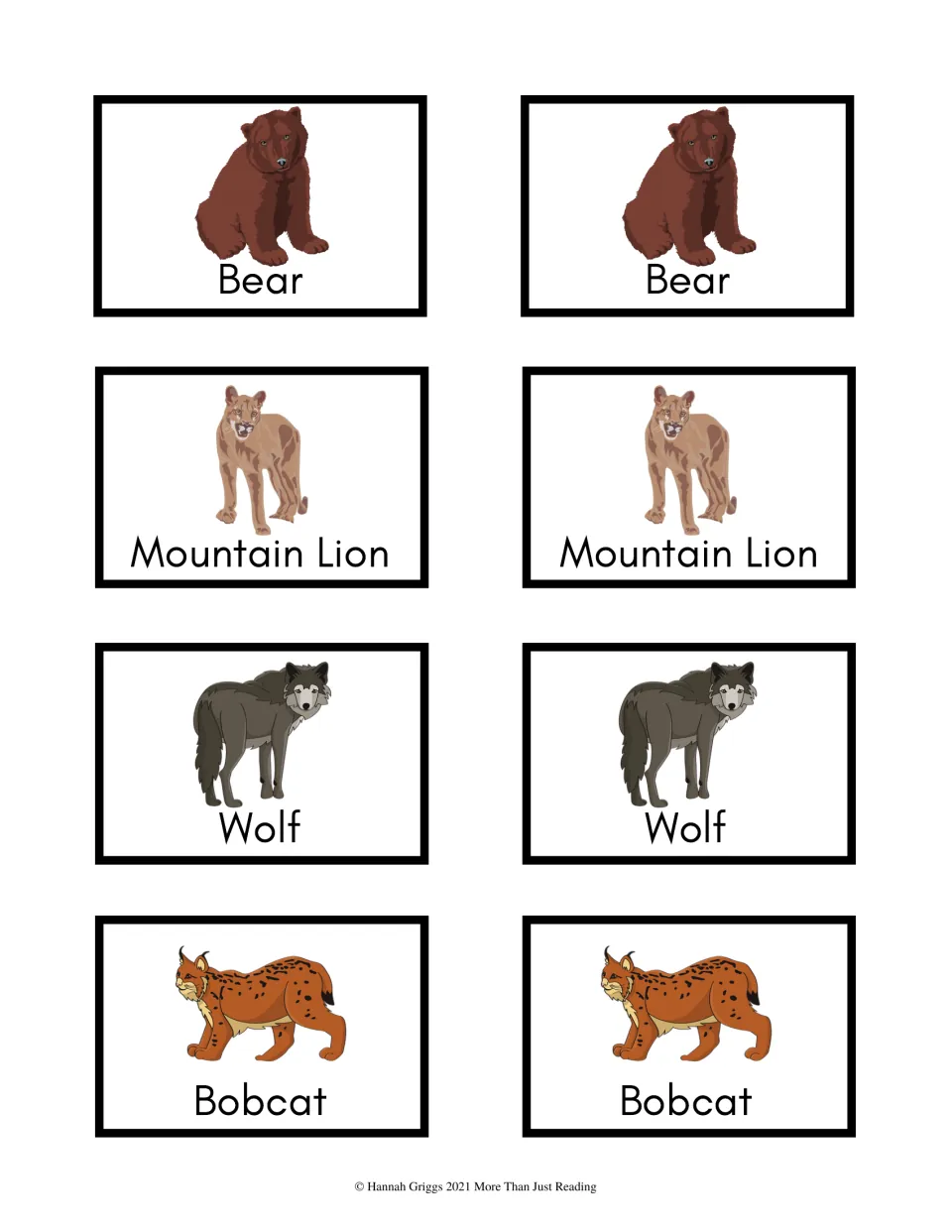 Color animal game cards 1–8: matching picture-and-name pairs for Bear, Mountain Lion, Wolf, and Bobcat