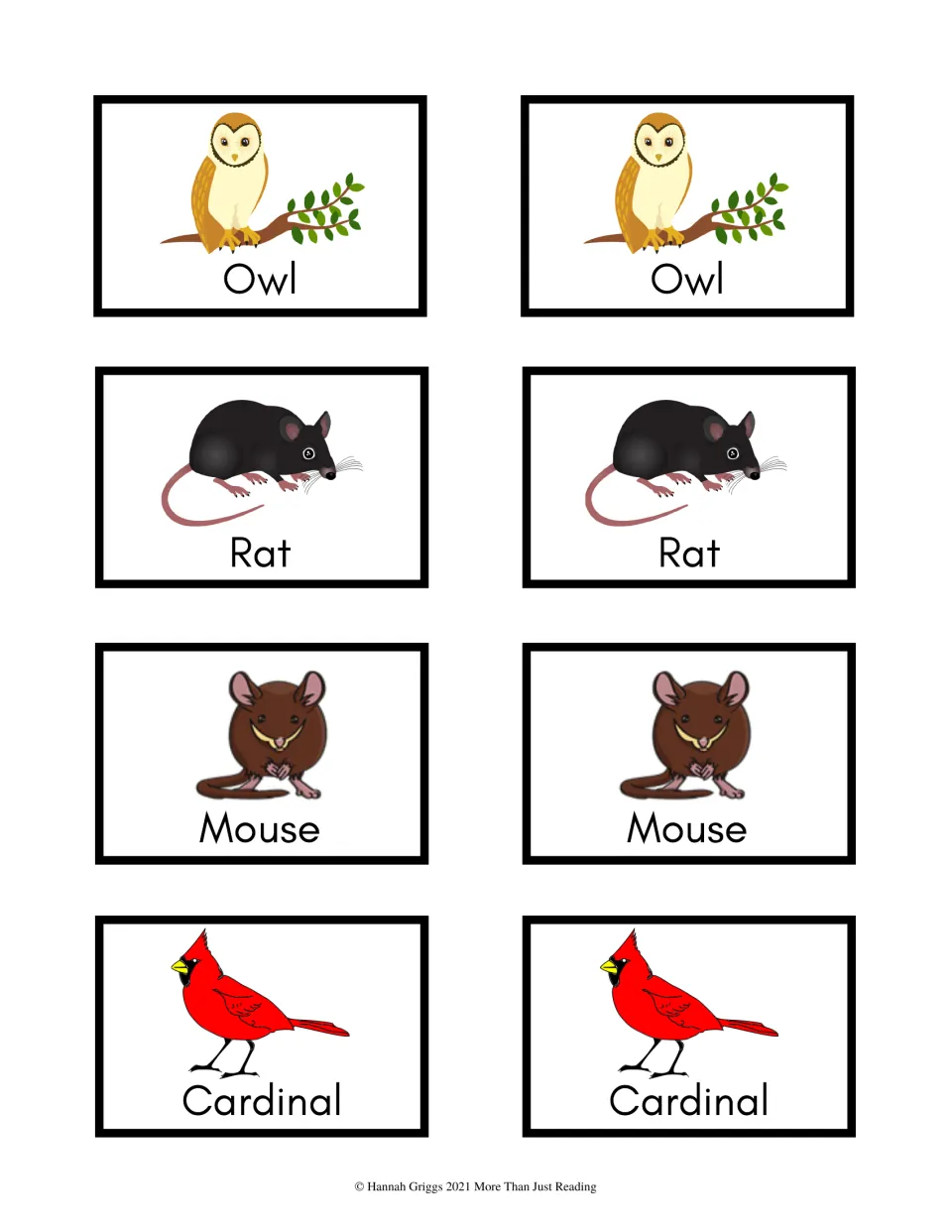 Color animal game cards 9–16: matching picture-and-name pairs for Owl, Rat, Mouse, and Cardinal