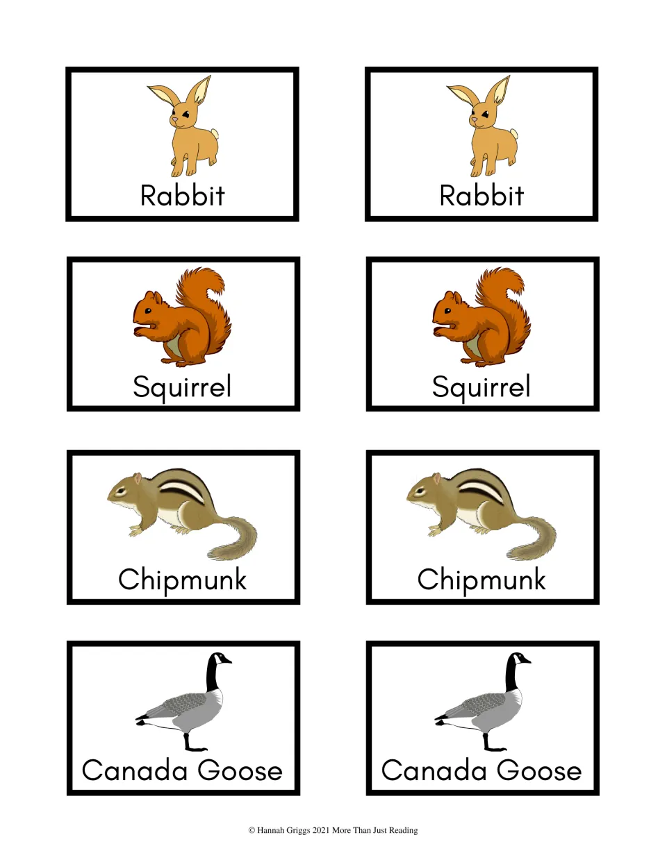 Color animal game cards 17–24: picture-and-name pairs for Rabbit, Squirrel, Chipmunk, and Canada Goose