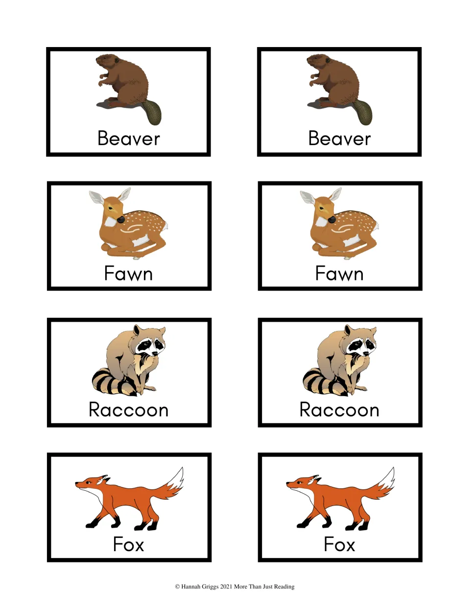 Color animal game cards 25–32: matching picture-and-name pairs for Beaver, Fawn, Raccoon, and Fox