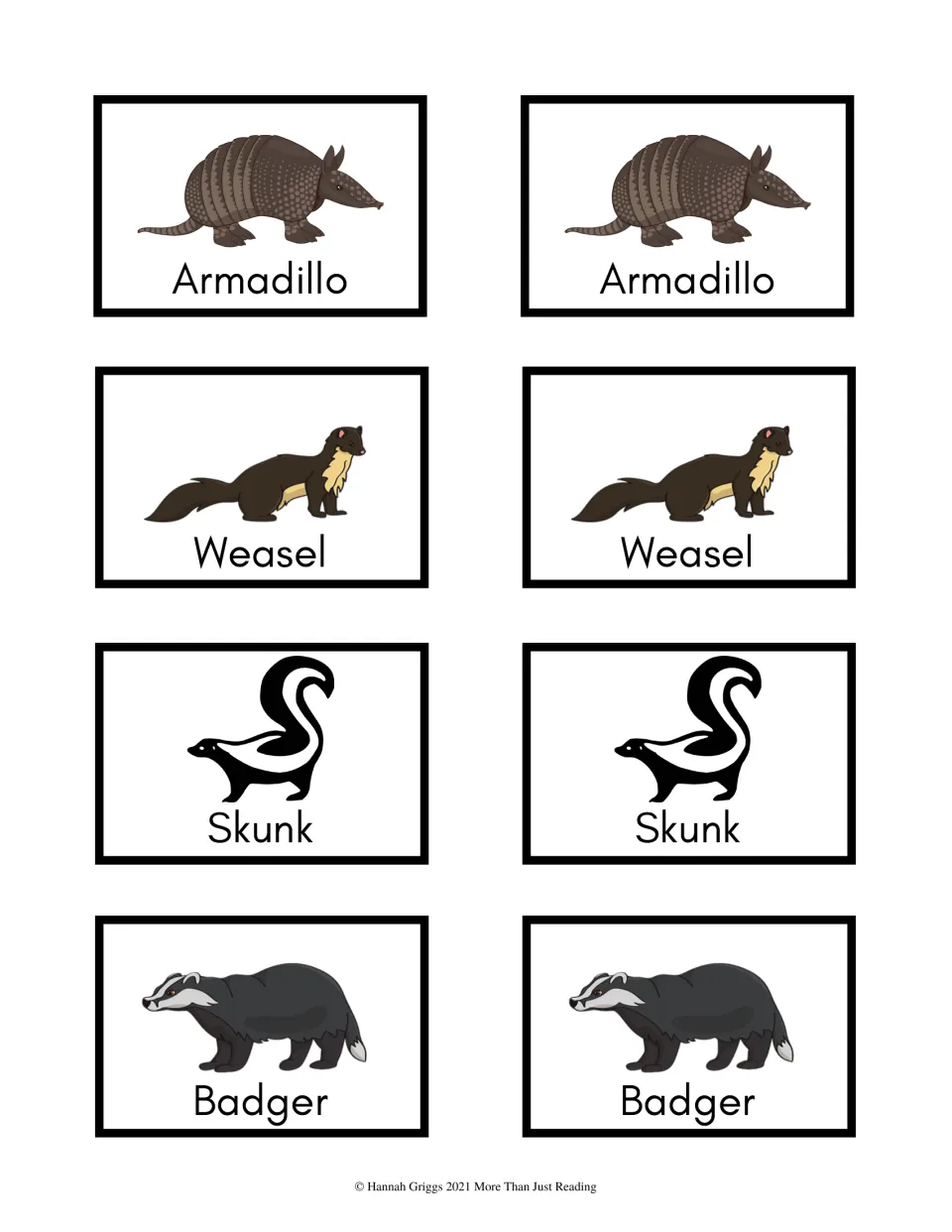 Color animal game cards 33–40: matching picture-and-name pairs for Armadillo, Weasel, Skunk, and Badger