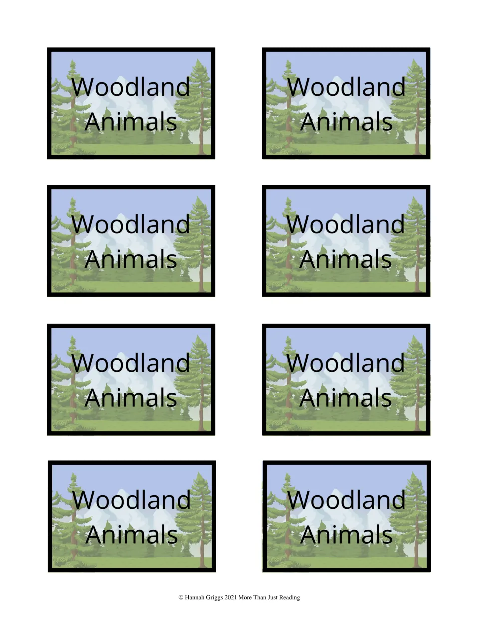 Eight matching card backs labeled 'Woodland Animals' for printing on the reverse of the color game cards