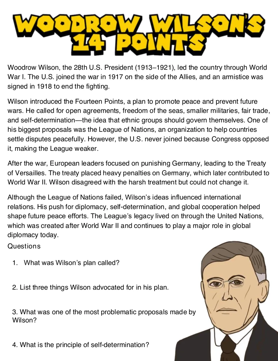 Fourteen Points reading on Wilson, WWI and the League of Nations, with four comprehension questions on self-determination