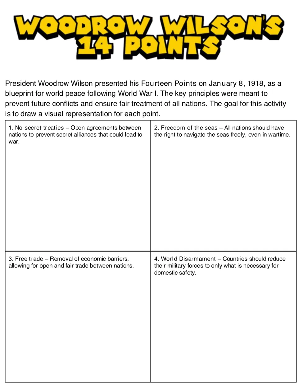 Points 1-4 drawing task: students sketch no secret treaties, freedom of the seas, free trade and world disarmament