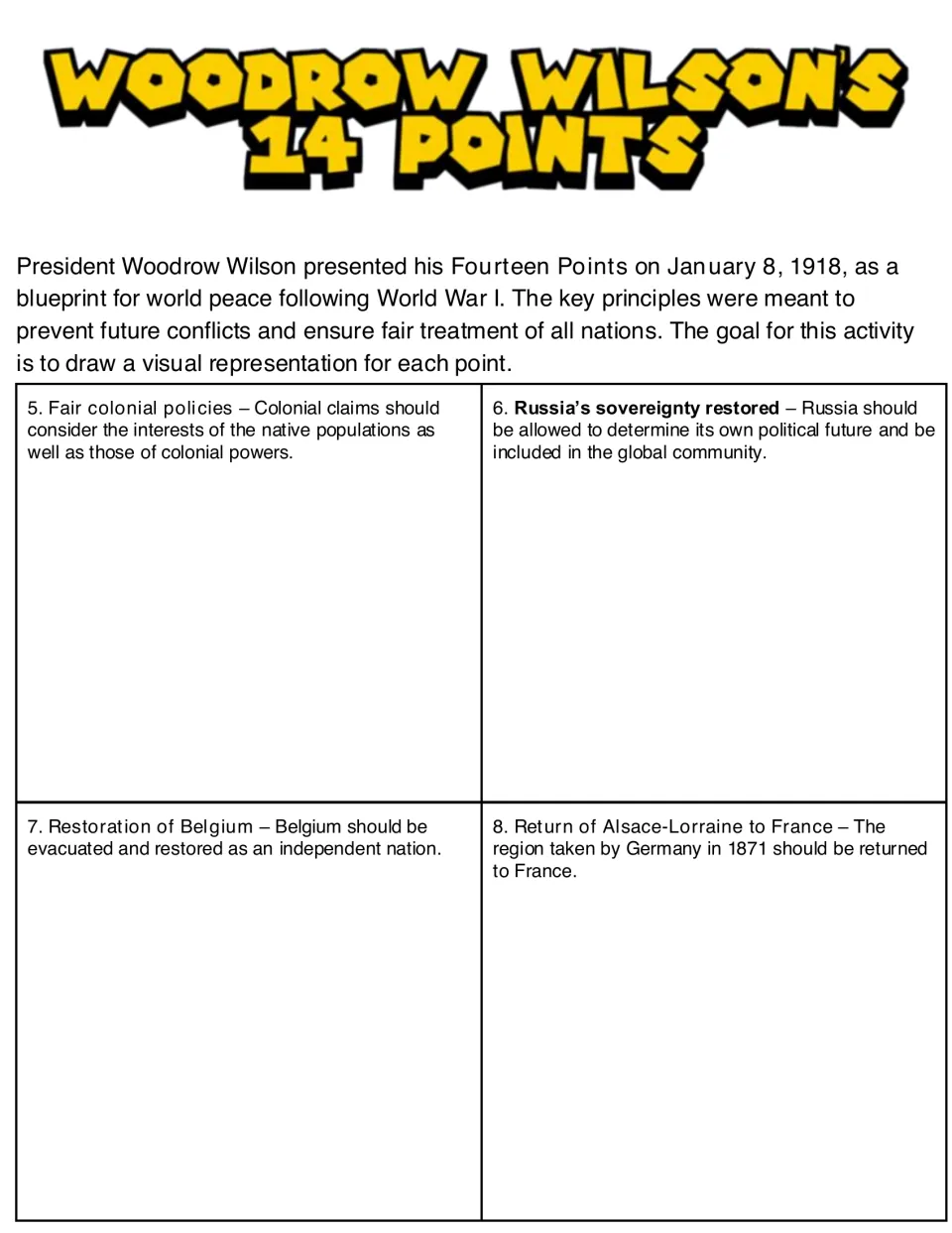 Points 5-8 drawing task: students illustrate colonial policies, Russia, Belgium and Alsace-Lorraine's return to France