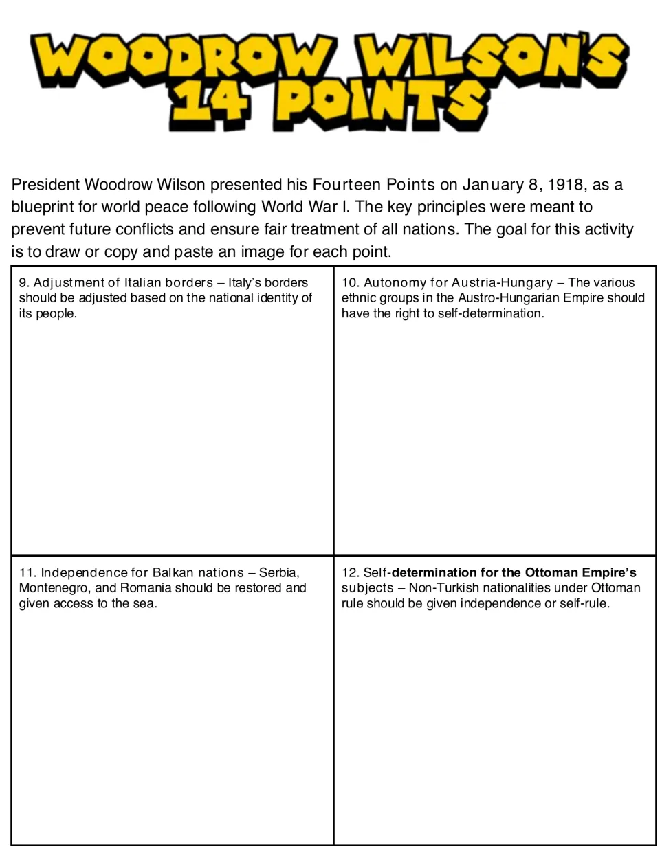 Points 9-12 drawing task: students draw or paste images for Italian borders, Austria-Hungary, Balkans and Ottoman rule