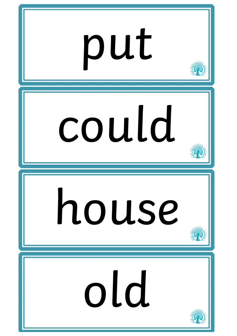 High-frequency word flashcards 1–4 in the supplied pages, featuring the words put, could, house, and old