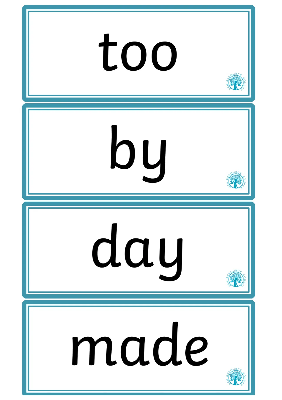 High-frequency word flashcards 5–8 in the supplied pages, featuring the words too, by, day, and made