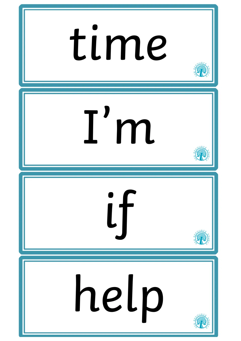 High-frequency word flashcards 9–12 in the supplied pages, featuring the words time, I’m, if, and help