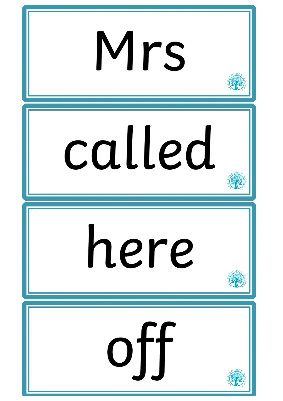 High-frequency word flashcards 13–16 in the supplied pages, featuring the words Mrs, called, here, and off