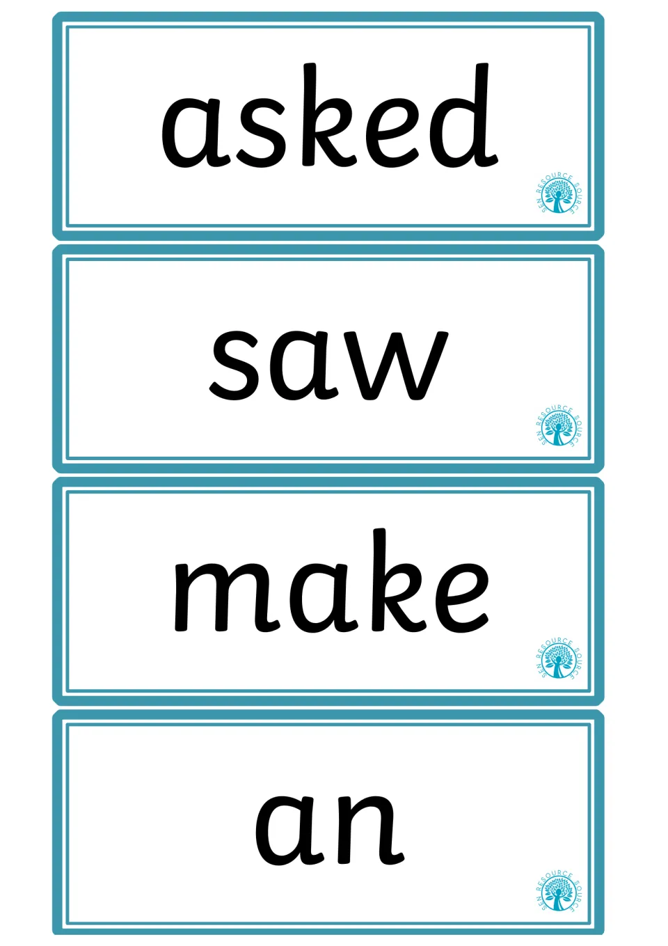 High-frequency word flashcards 17–20 in the supplied pages, featuring the words asked, saw, make, and an