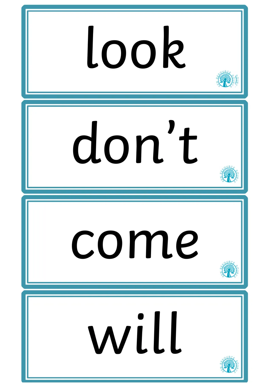 High-frequency word flashcards 21–24 in the supplied pages, featuring the words look, don’t, come, and will