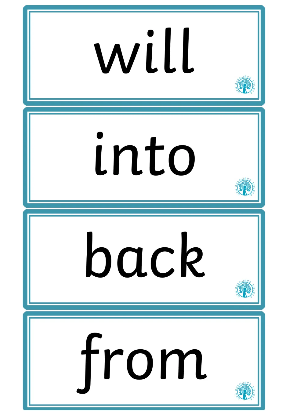 High-frequency word flashcards 25–28 in the supplied pages, featuring the words will, into, back, and from