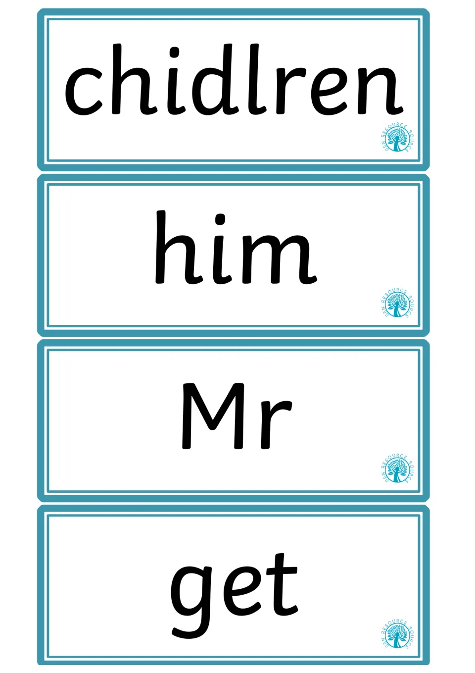 High-frequency word flashcards 29–32 in the supplied pages, reading chidlren (as printed), him, Mr, and get