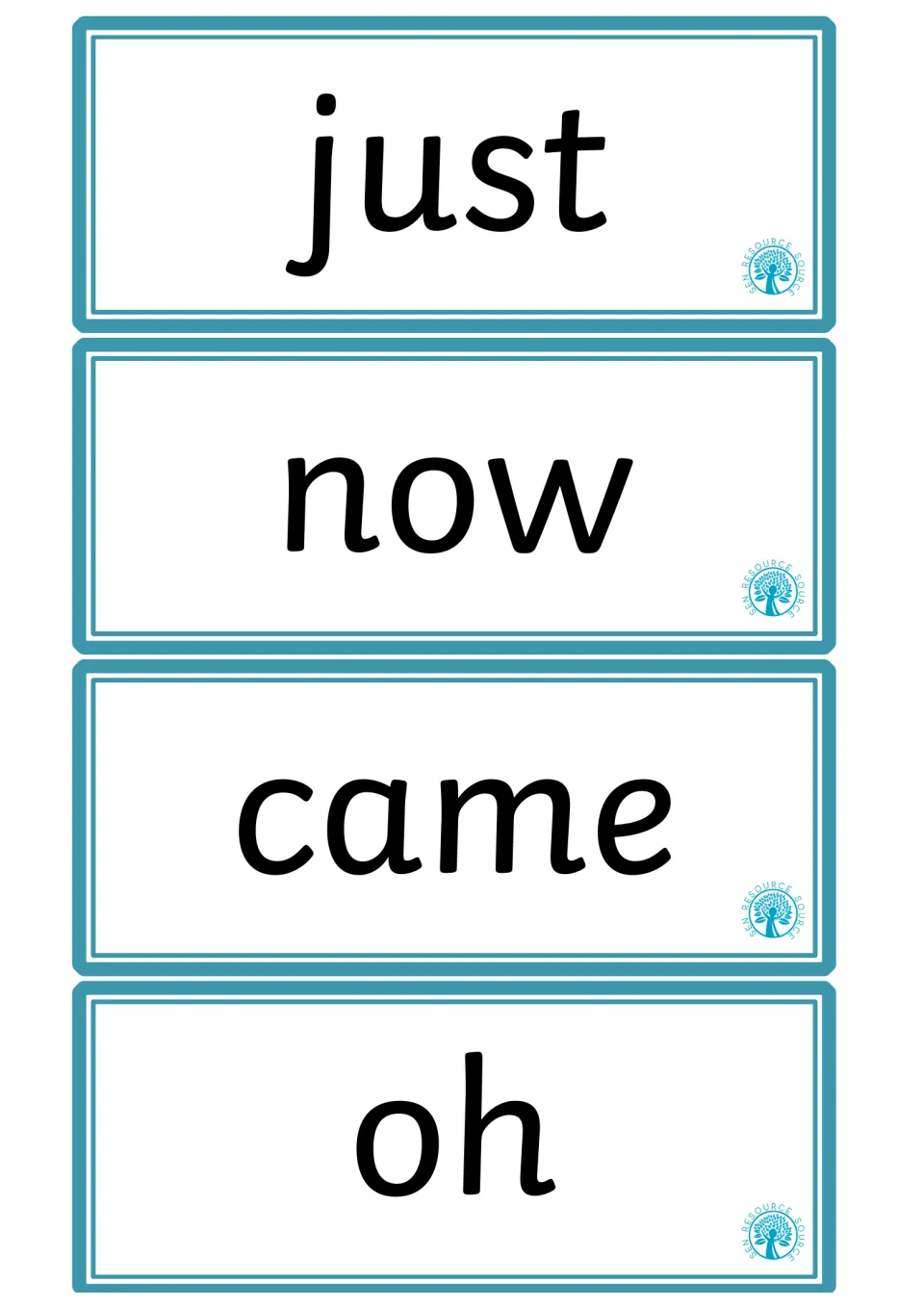 High-frequency word flashcards 33–36 in the supplied pages, featuring the words just, now, came, and oh