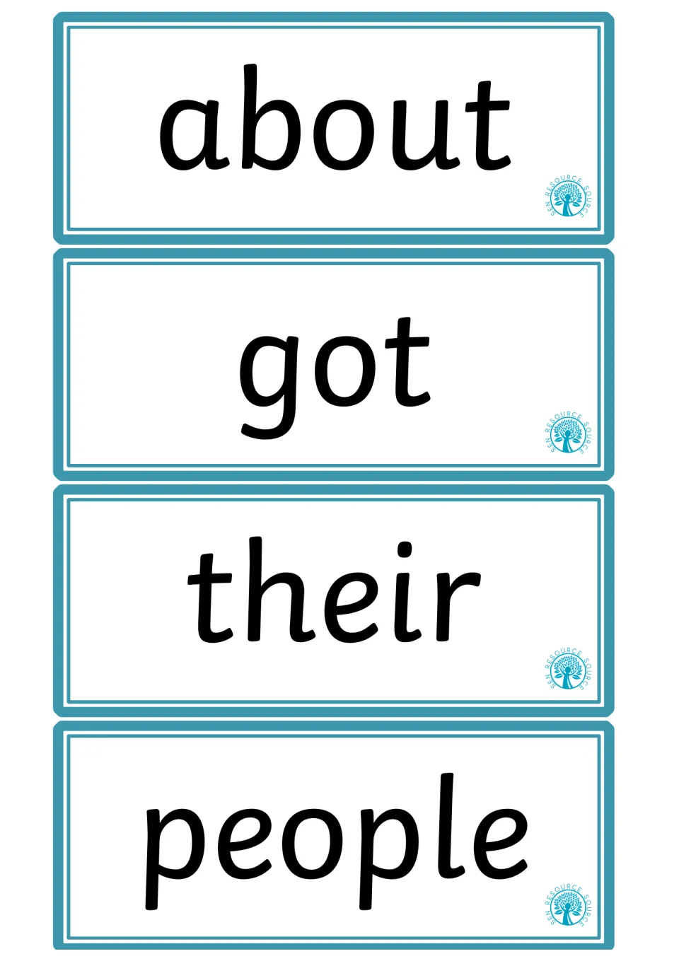 High-frequency word flashcards 37–40 in the supplied pages, featuring the words about, got, their, and people