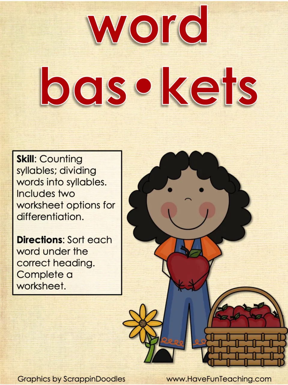 Word baskets cover: counting and dividing syllables, with directions to sort words by heading and two worksheet options