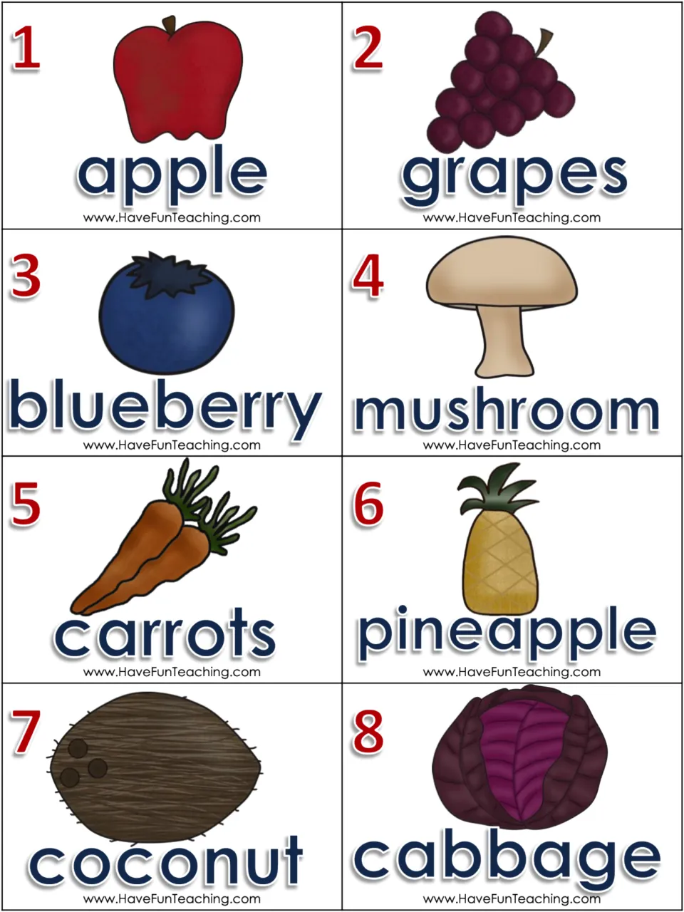 Picture word cards 1-8 for syllable sorting: apple, grapes, blueberry, mushroom, carrots, pineapple, coconut and cabbage