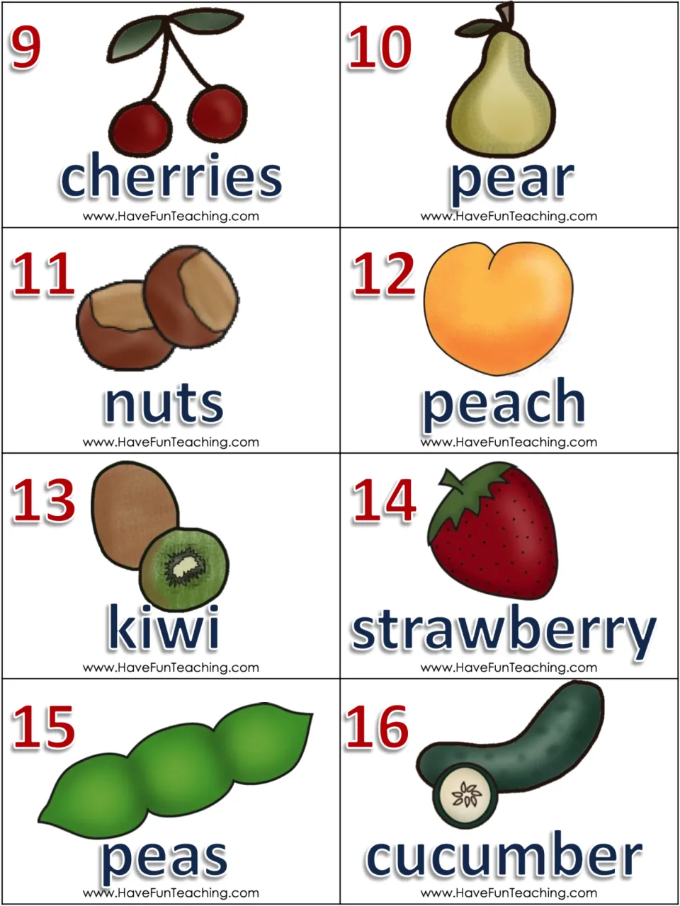 Picture word cards 9-16 for syllable sorting: cherries, pear, nuts, peach, kiwi, strawberry, peas and cucumber