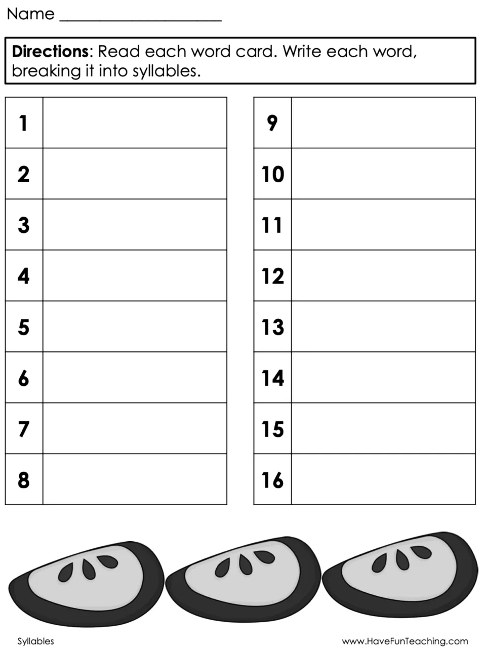 Dividing words into syllables: students read word cards 1-16 and write each word broken into its syllables