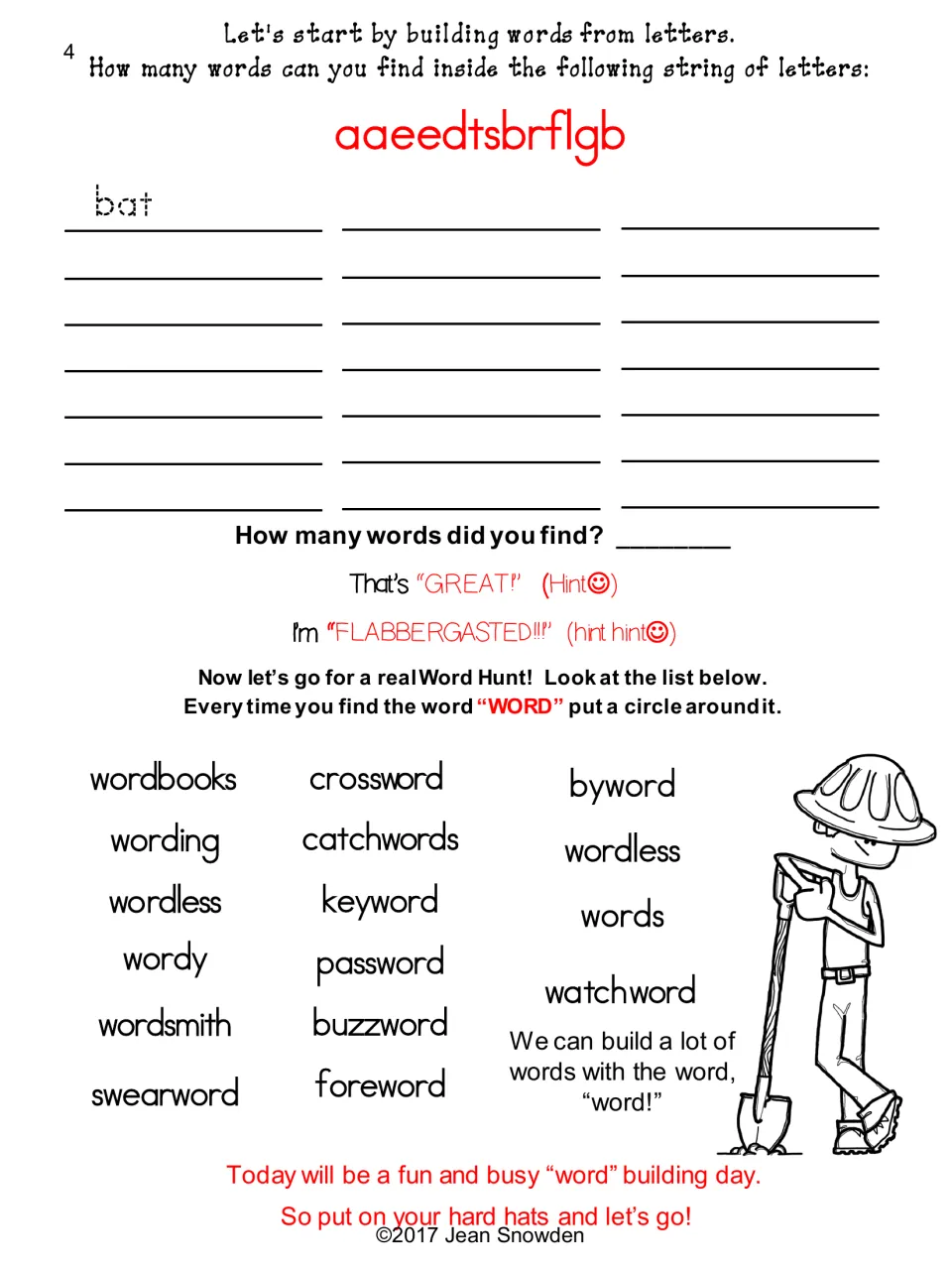 Building words from letters: students list words hidden in aaeedtsbrflgb, then circle WORD in words like crossword