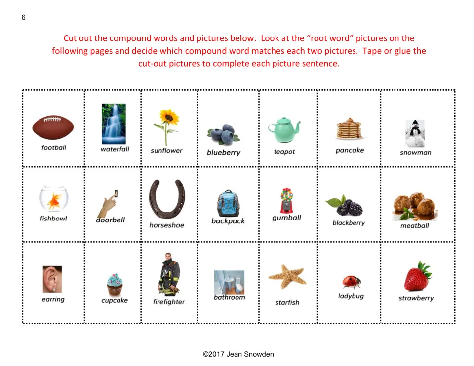 Compound word picture cards to cut out, including football, waterfall, sunflower, snowman, ladybug and strawberry
