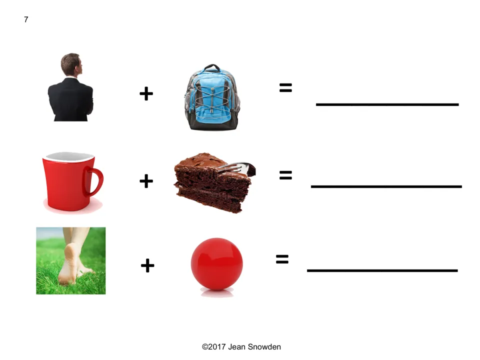 Picture sentences: students glue the compound word made by back + pack, cup + cake and foot + ball onto each blank