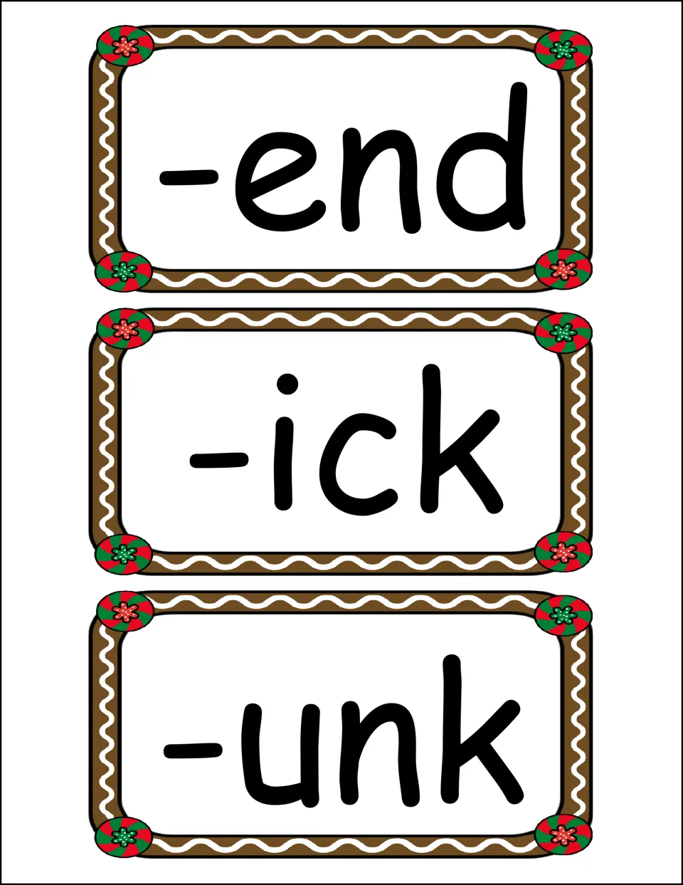 Word family header cards for -end, -ick and -unk, used as the category labels when students sort words by their ending