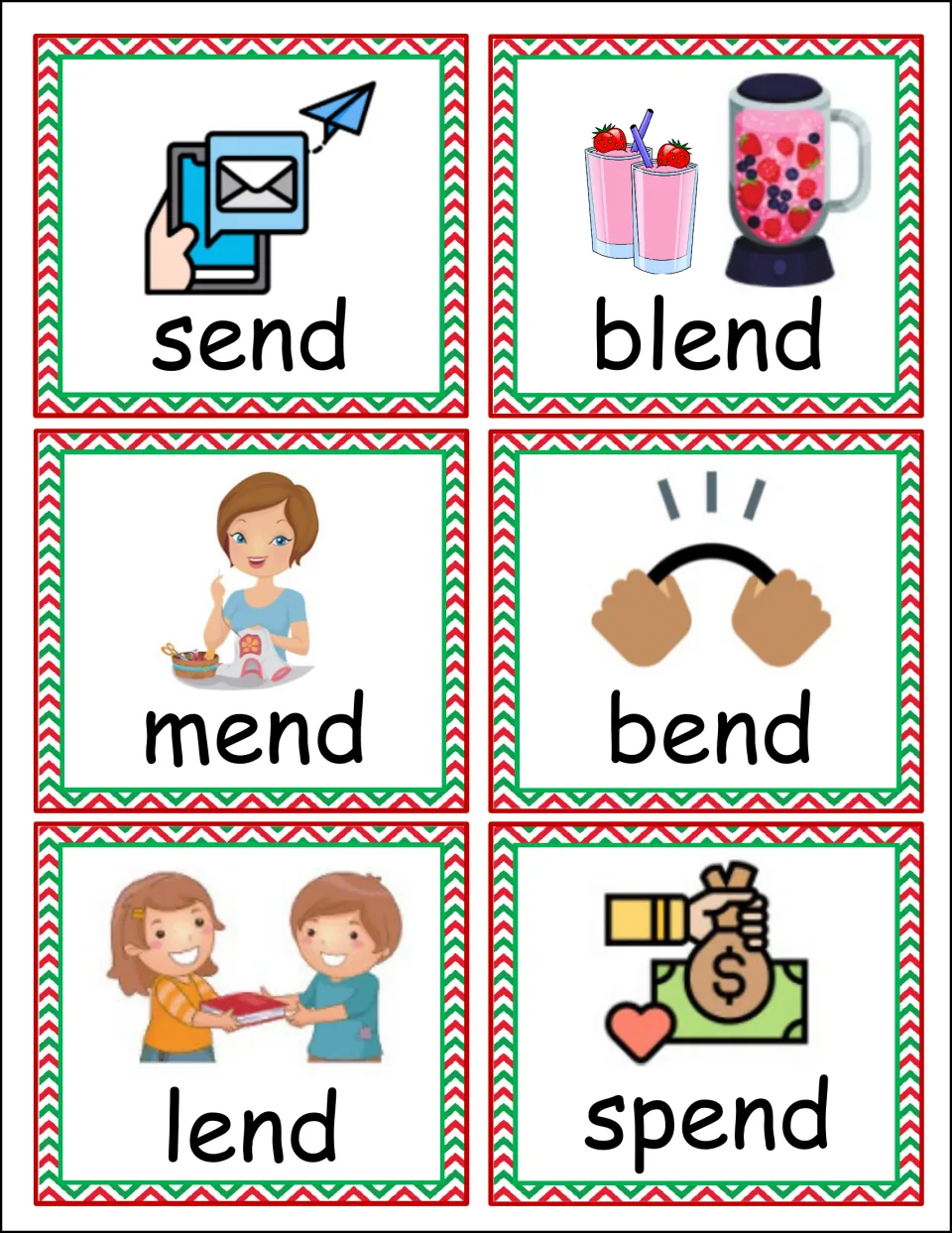 -end picture word cards: send, blend, mend, bend, lend and spend, each word shown with a matching picture for sorting